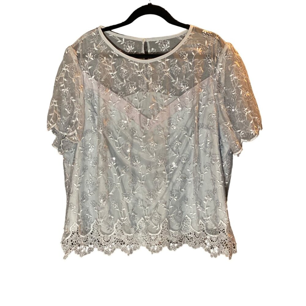 CARAMIA Lace Overlay Dress Blouse Sheer Gray Coquette Floral Women 24W VTG Plus